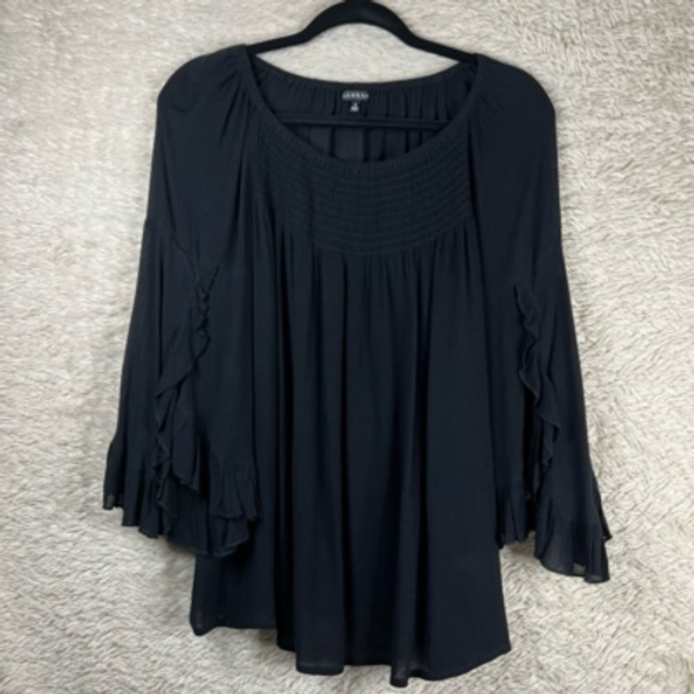 Hannah Womens Blouse‎ Black Bell Sleeve Scoop Neck Smocked Ruffles Sz S Flowy